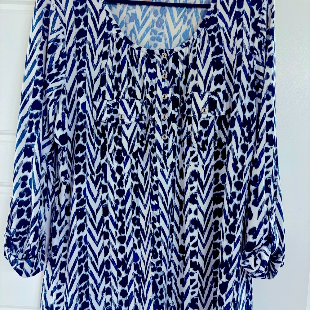 Women's Roz and Ali Blue and Grey Patterned Top 2X